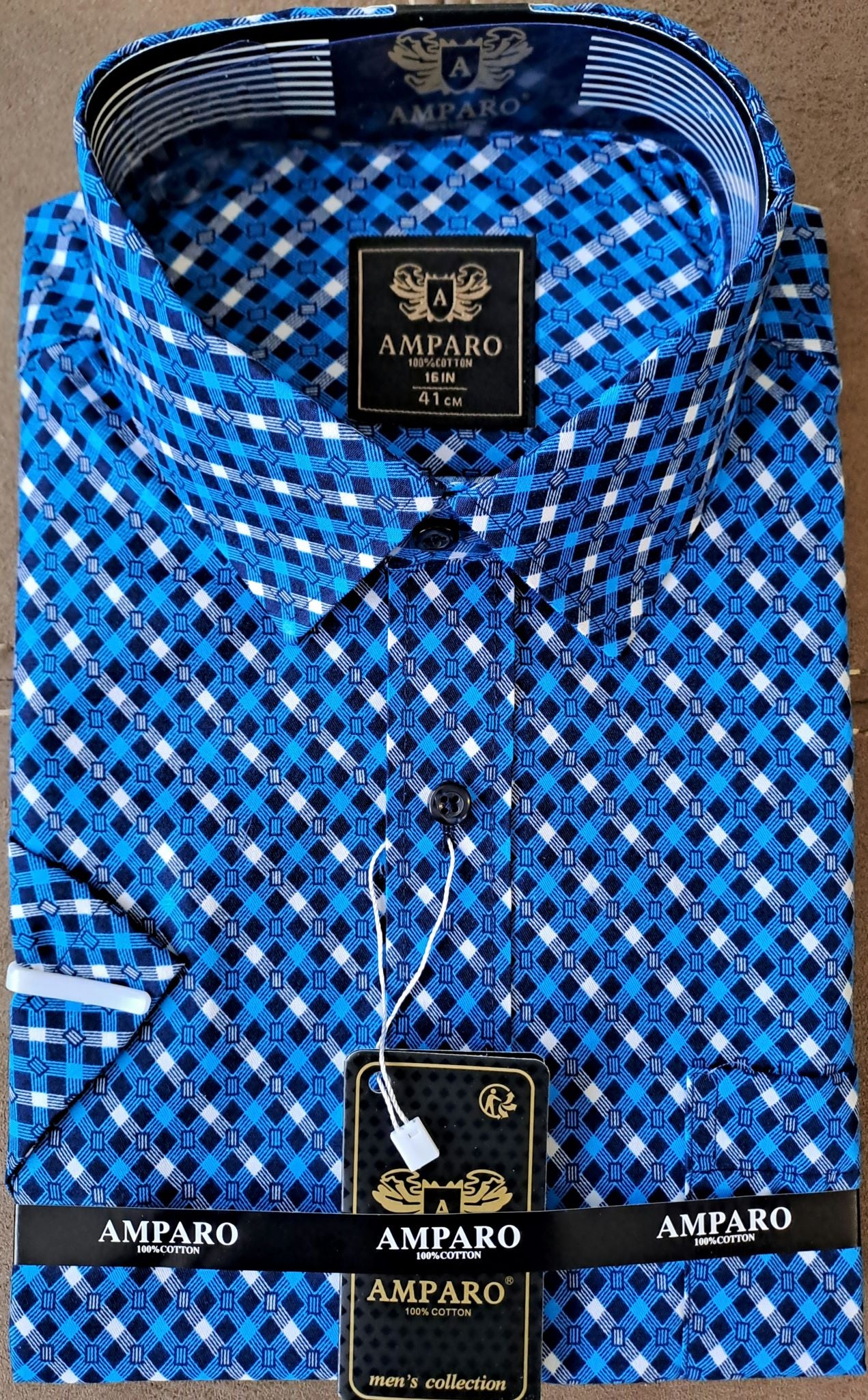 Amparo overhemd met korte mouwen, 100% katoen, wit/donkerblauw/lichtblauw geruit