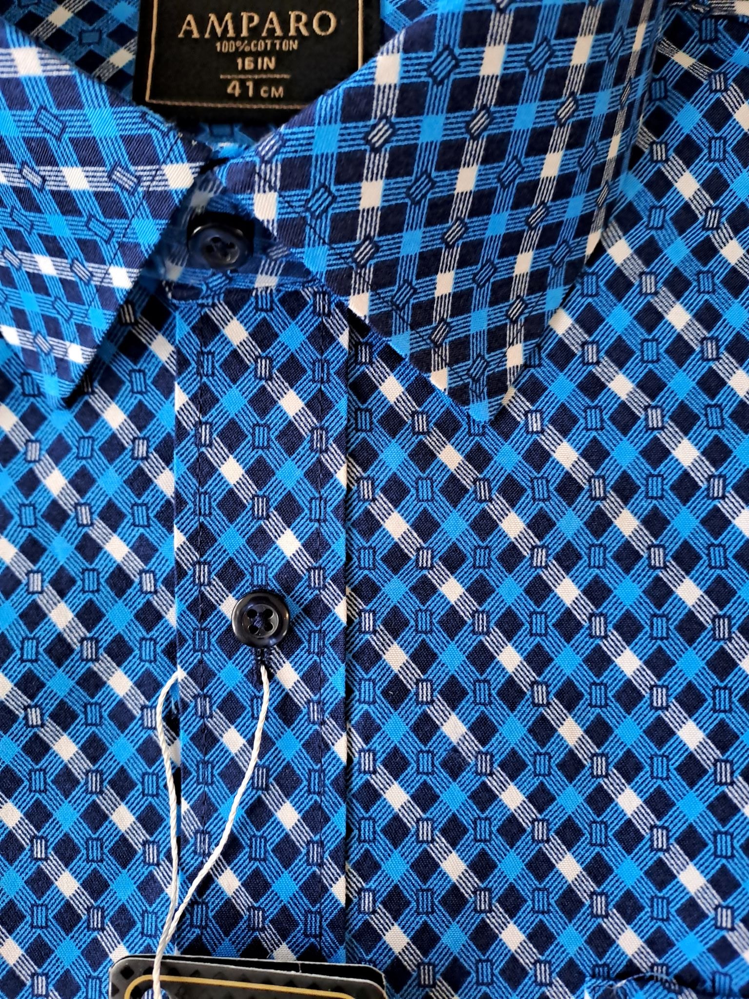 Amparo overhemd met korte mouwen, 100% katoen, wit/donkerblauw/lichtblauw geruit