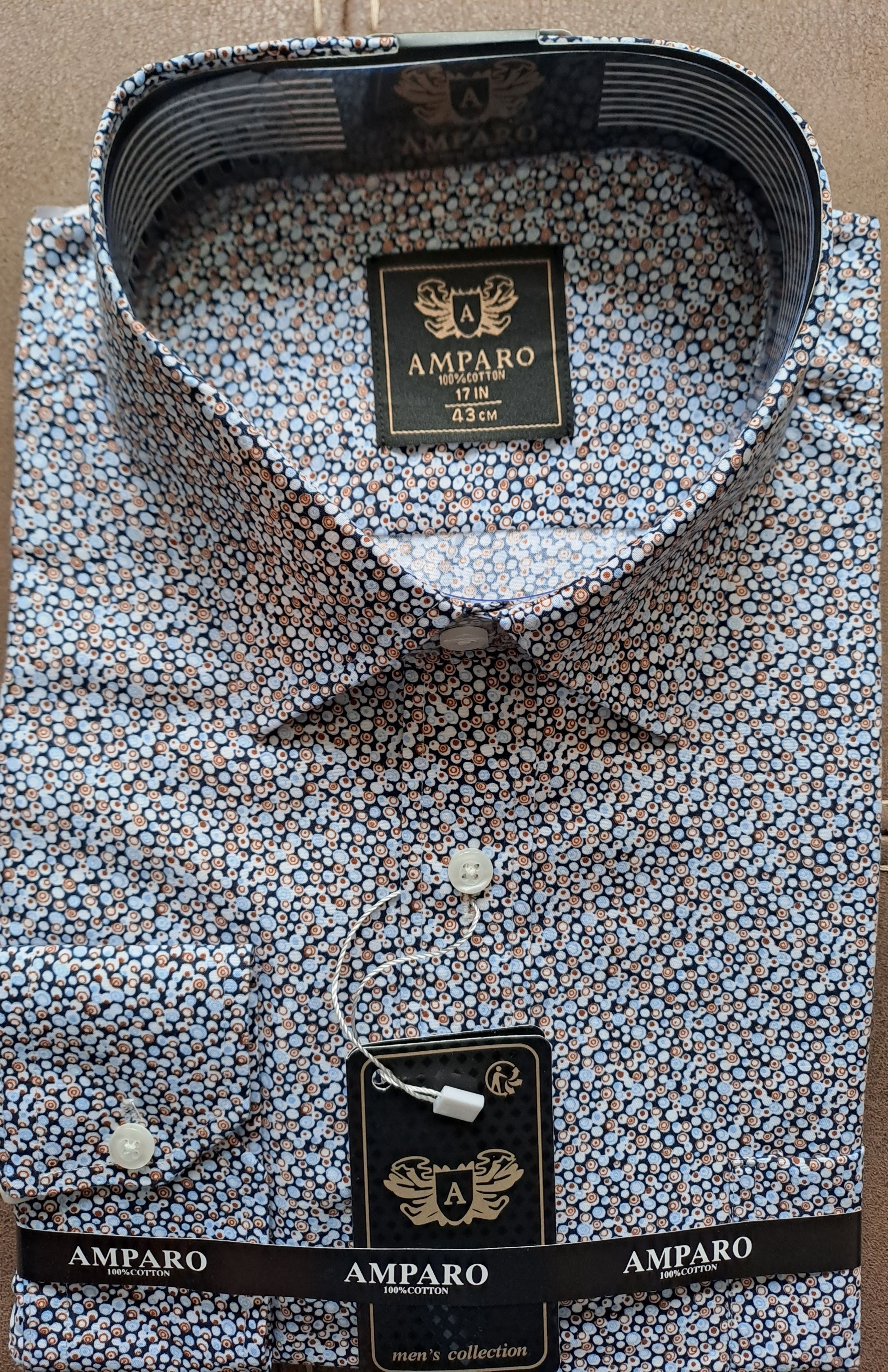Amparo overhemd met lange mouwen in beige/licht- en donkerblauw, 100% katoen