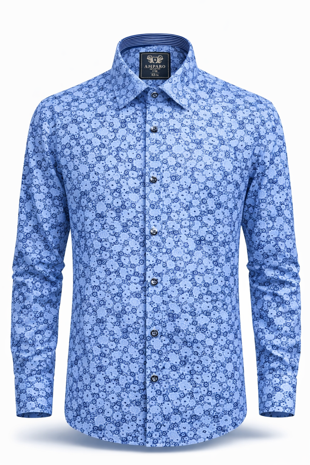 CHEMISE AMPARO MANCHE LONGUE BLEUE AVEC FLEURS 100% COTON - Chemise Belgium