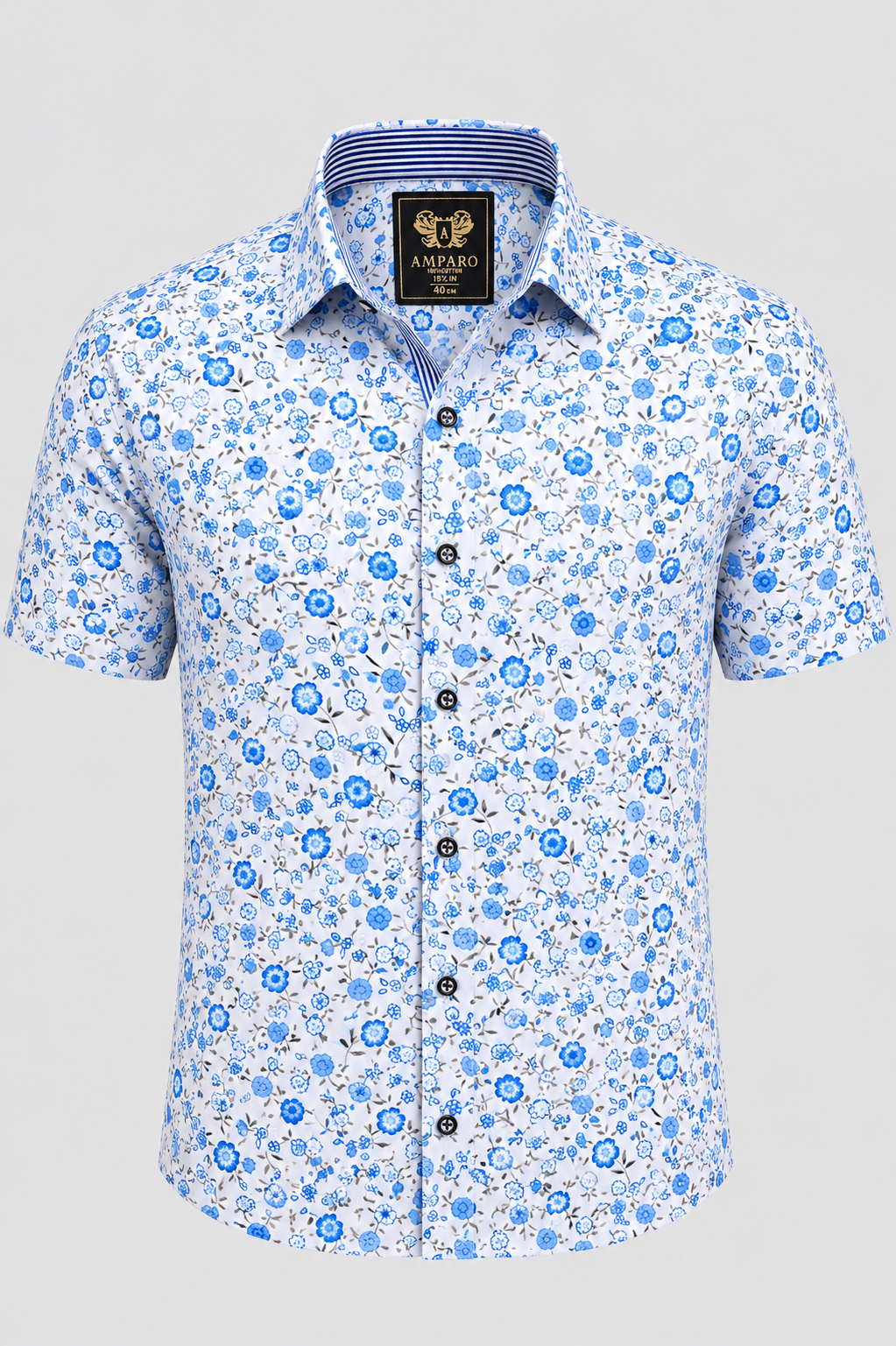 CHEMISE AMPARO MANCHE COURTE BLANCHE FLEURS BLEUES CLAIR 100% COTON