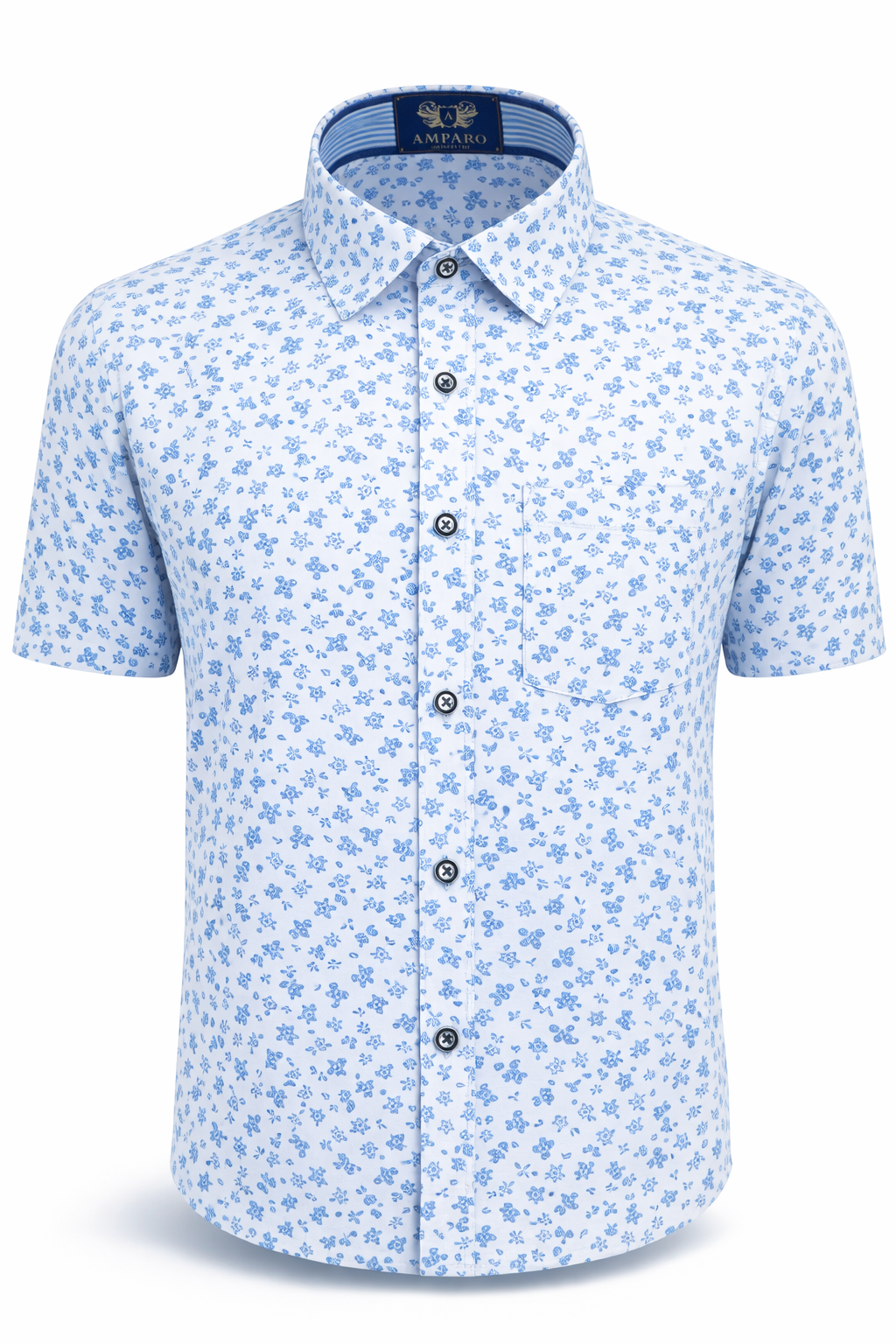 CHEMISE AMPARO MANCHE COURTE BLEU CLAIR FLEURS 100% COTON - Chemise Belgium