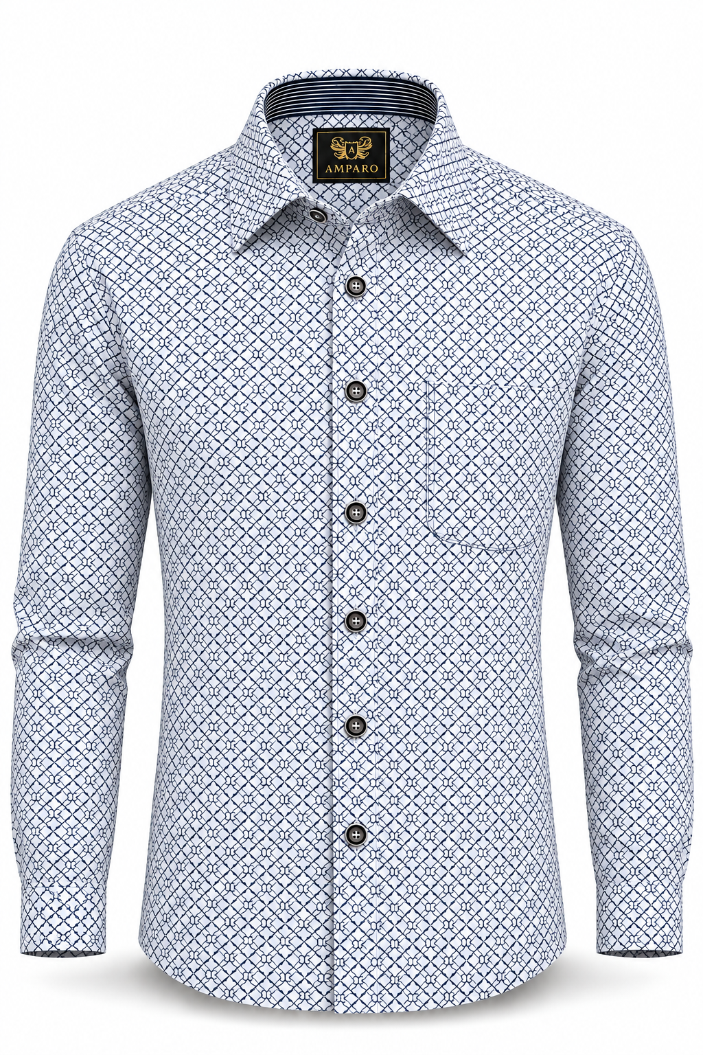 CHEMISE AMPARO MANCHE LONGUE A PETITS LOSANGES SUR FOND BLANC 100% COTON