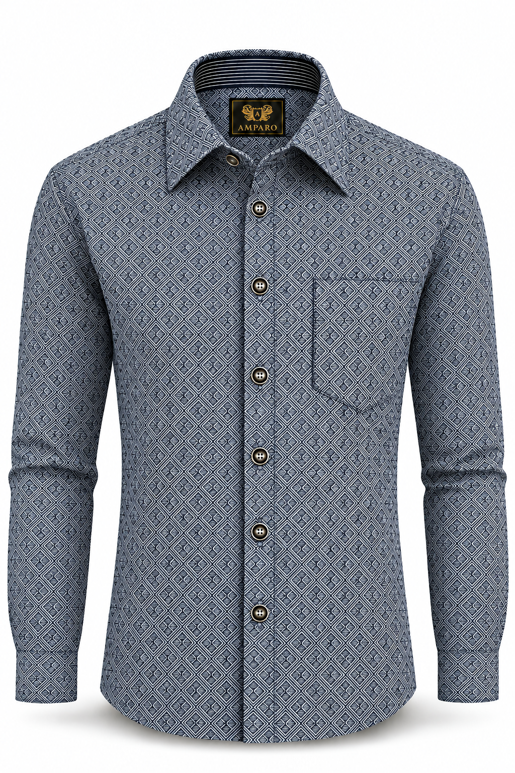CHEMISE AMPARO MANCHE LONGUE GRIS FONCE A MOTIF LOSANGES 100% COTON