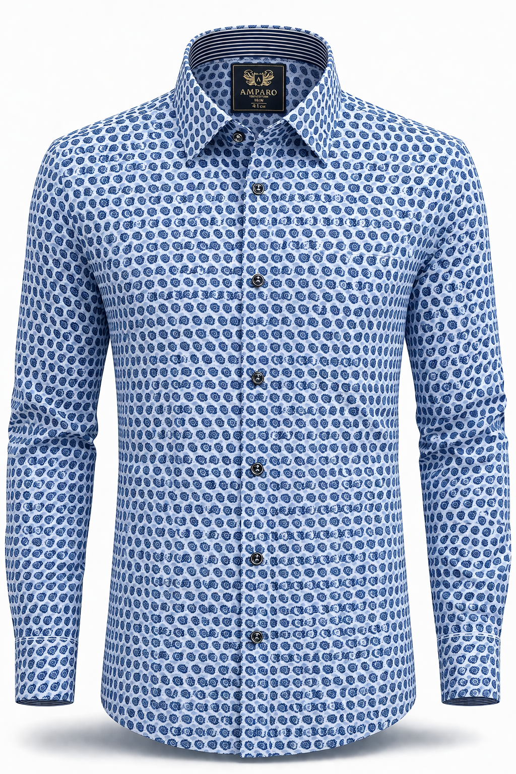 CHEMISE AMPARO MANCHE LONGUE BLEUE POINTS BLEUS FONCE 100% COTON - Chemise Belgium