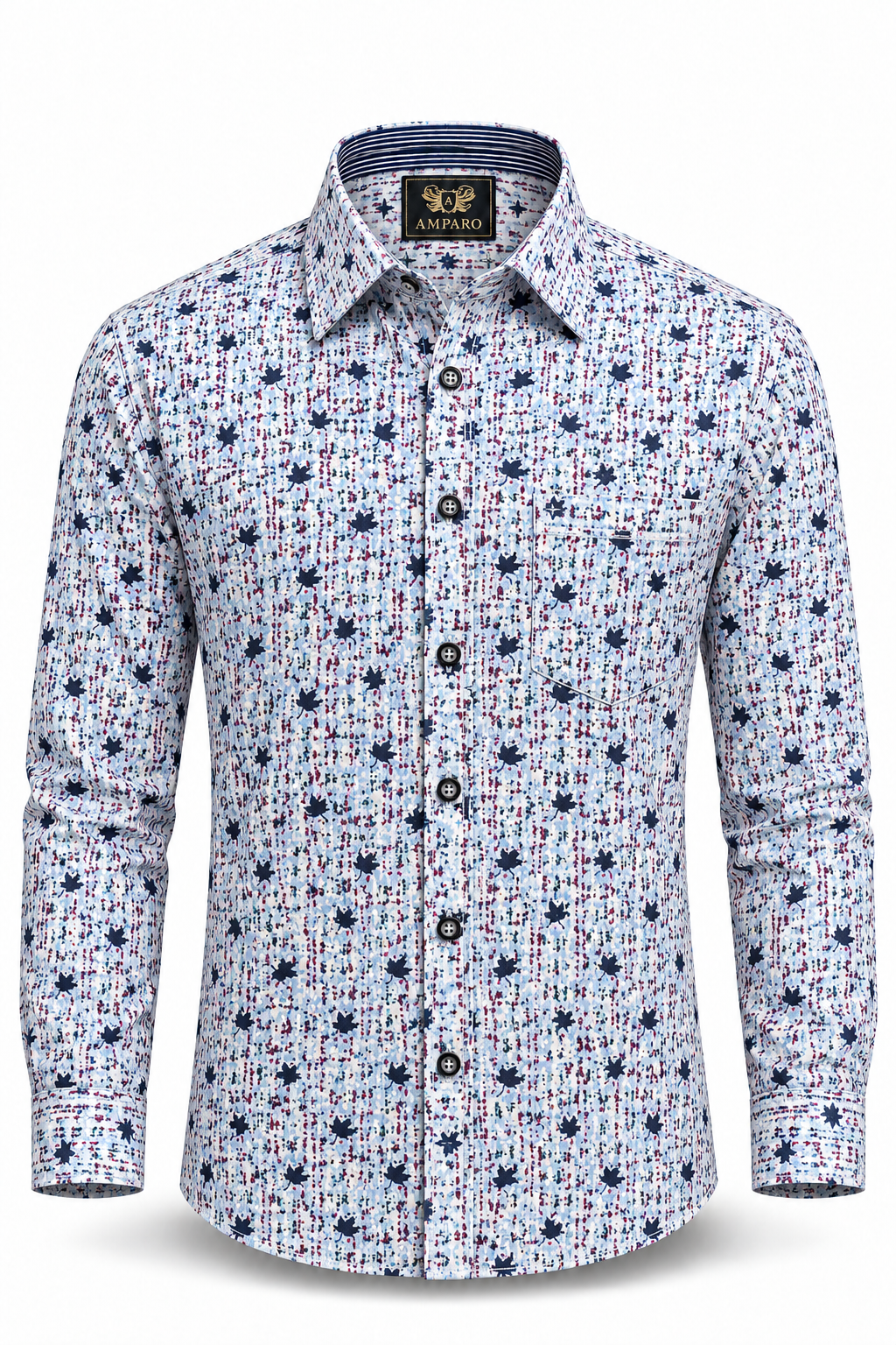 CHEMISE AMPARO MANCHE LONGUE A FEUILLES SUR FOND FANTAISIE 100% COTON