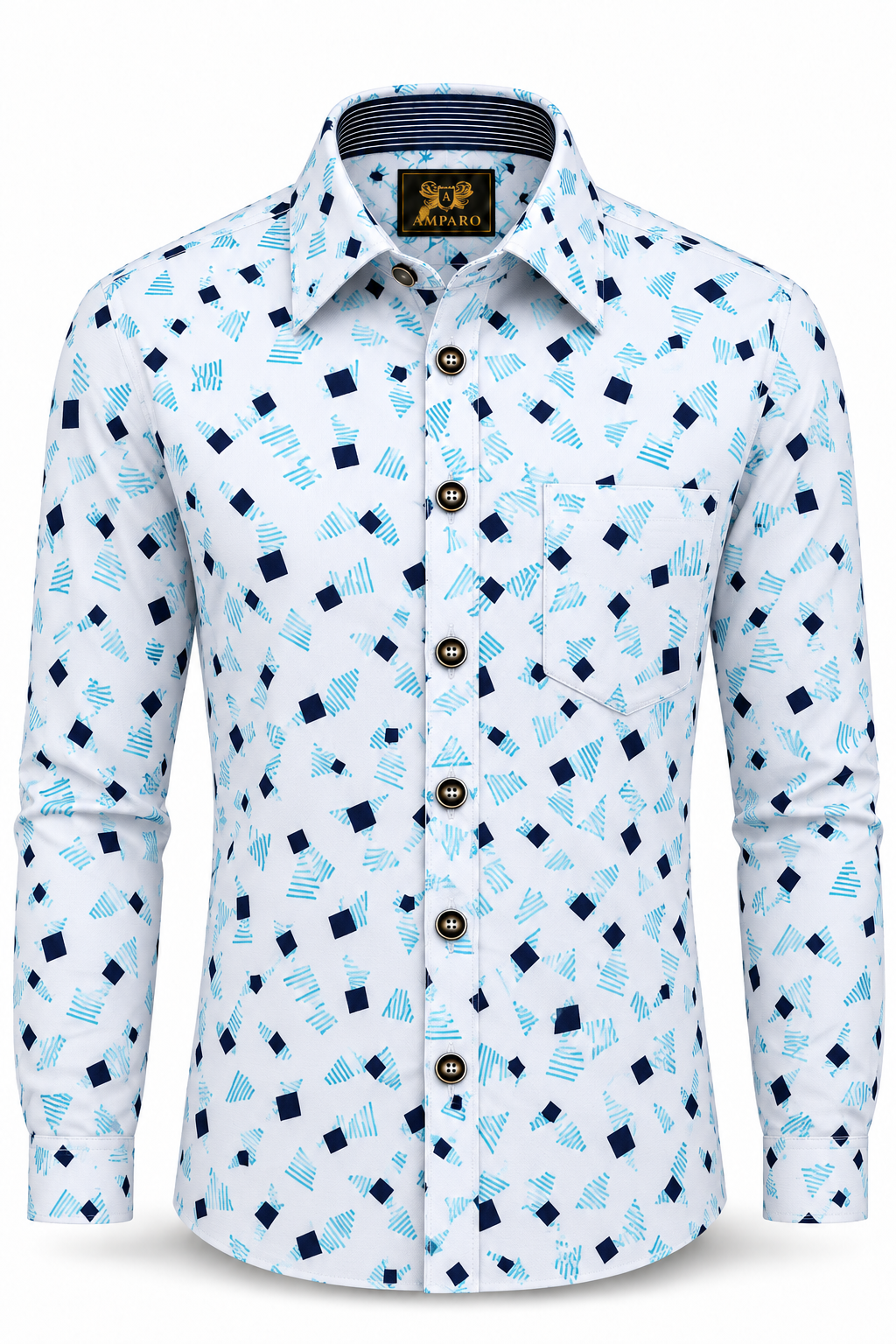 CHEMISE AMPARO MANCHE LONGUE A MOTIF GEOMETRIQUE FOND BLANC 100% COTON