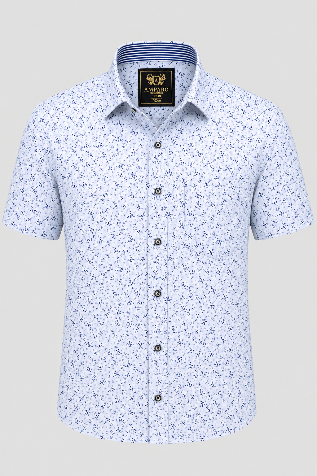 HEMD AMPARO KORTE MOUW WIT BLAUW GEVLEKT 100% KATOEN