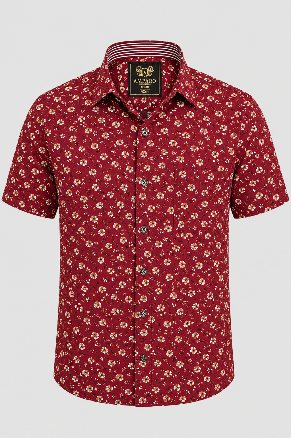 CHEMISE AMPARO MANCHE COURTE BORDEAUX FLEURS 100% COTON