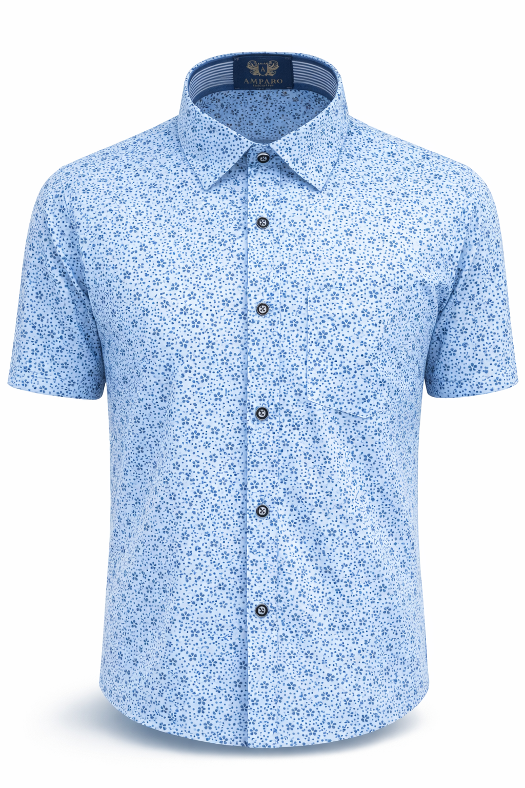 CHEMISE AMPARO MANCHE COURTE FLEURS BLEUES 100% COTON - Chemise Belgium