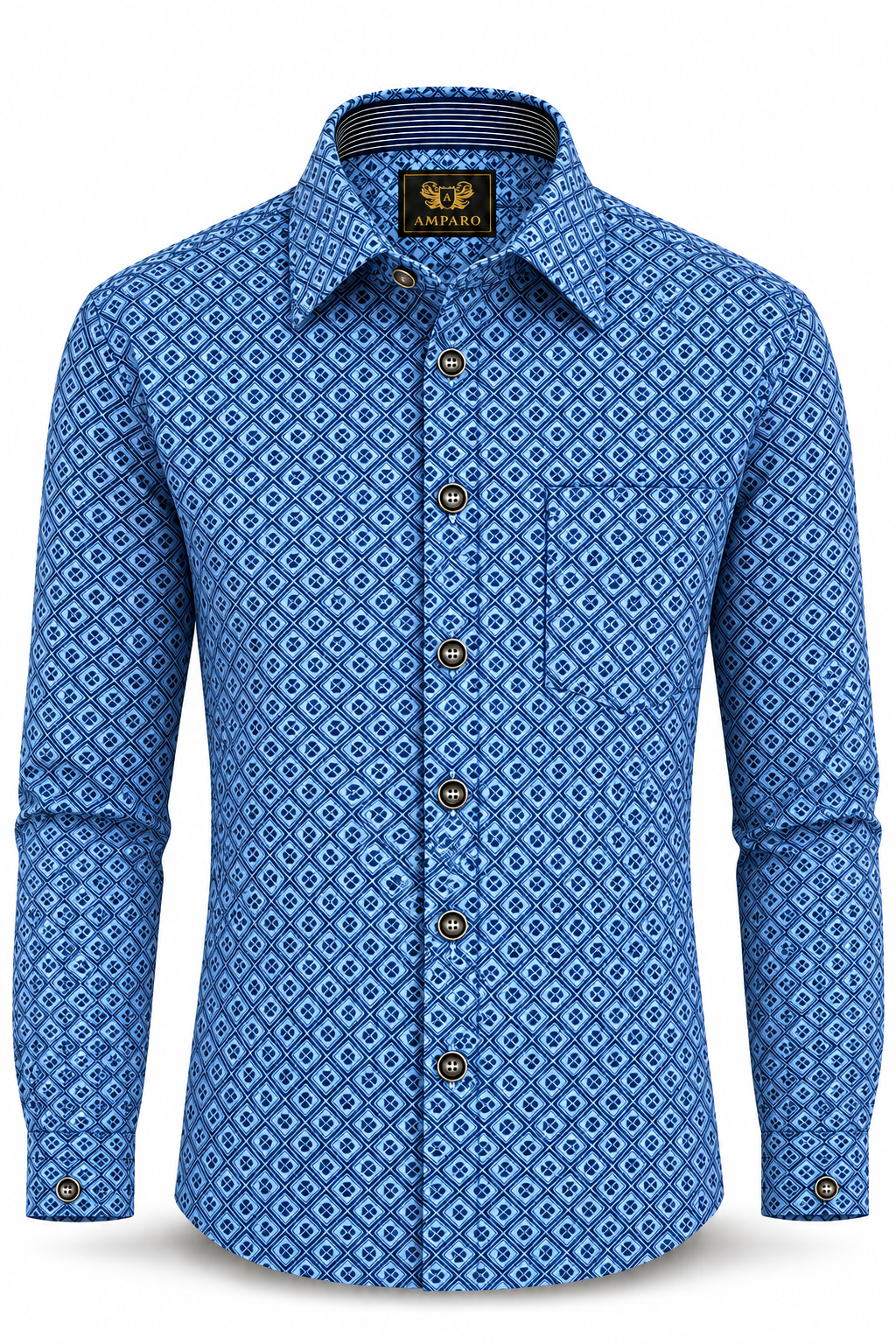 AMPARO OVERHEMD MET LANGE MOUWEN BLAUW RUITPATROON 100% KATOEN